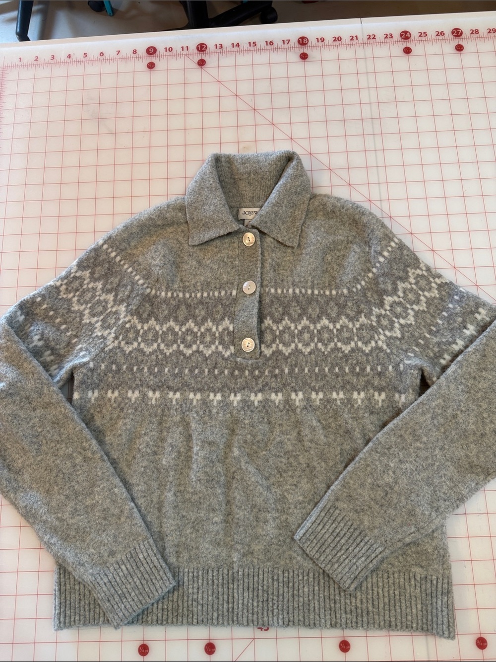 J. Crew women’s Grey and White Fair Isle polo Button sweater